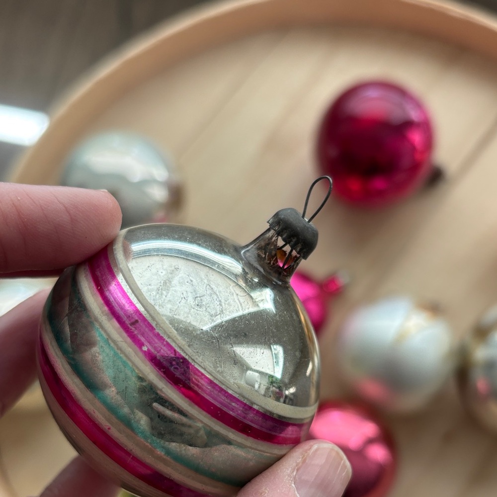 Vintage Holiday Glass Ball Ornament Set - Gold, Pink, Green, Silver Metal Caps - Picture 10 of 12